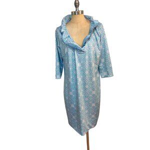 Gretchen Scott Jersey Ruffneck Dress XS Piazza Blue Print 3/4 Sleeve Large XL